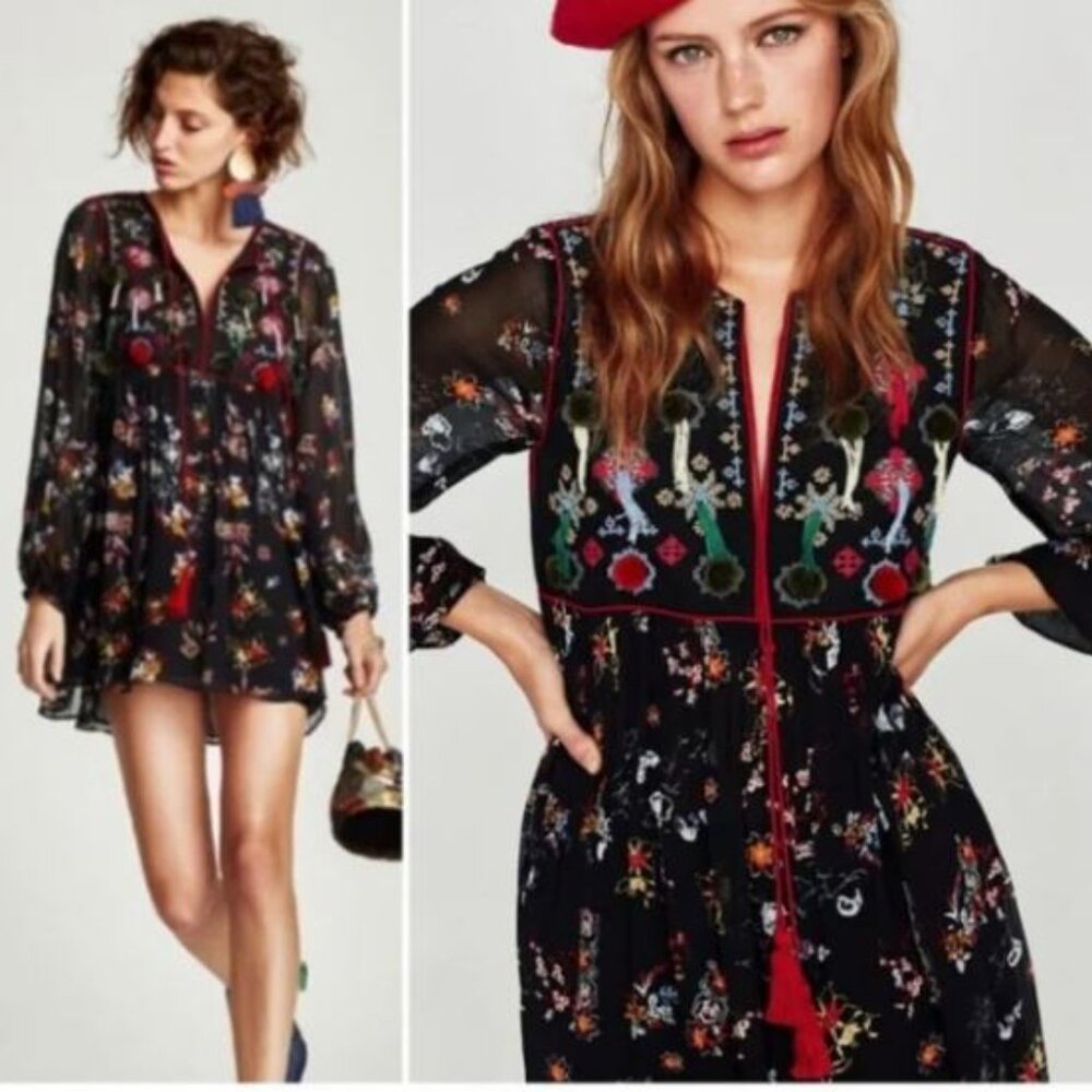 Zara Embroidered Floral Pom Pom Dress